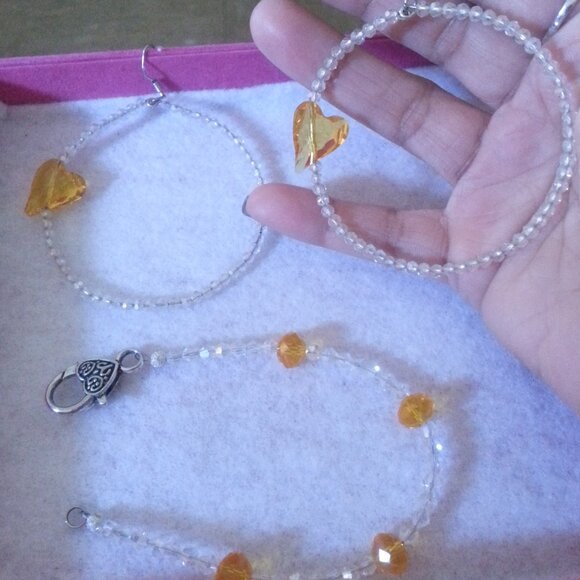 Swarovski Crystal Hand-Made Jewelry set Earring Yellow White Hoop Hear Bracelet. - Picture 5 of 8
